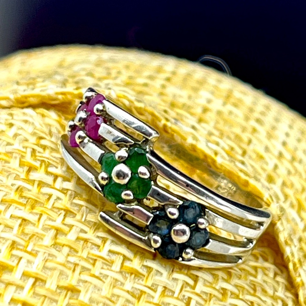 Vintage Sterling Silver Flower Cluster Ring – Ruby, Emerald, Sapphire - Picture 1 of 16